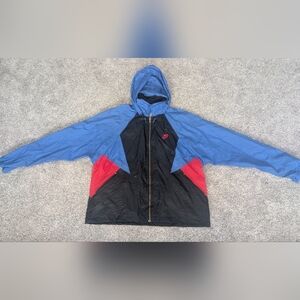 VTG NIKE Swoosh Blue/Black/Red Zip Hooded Windbreaker Jacket 80s90s Y2K Large